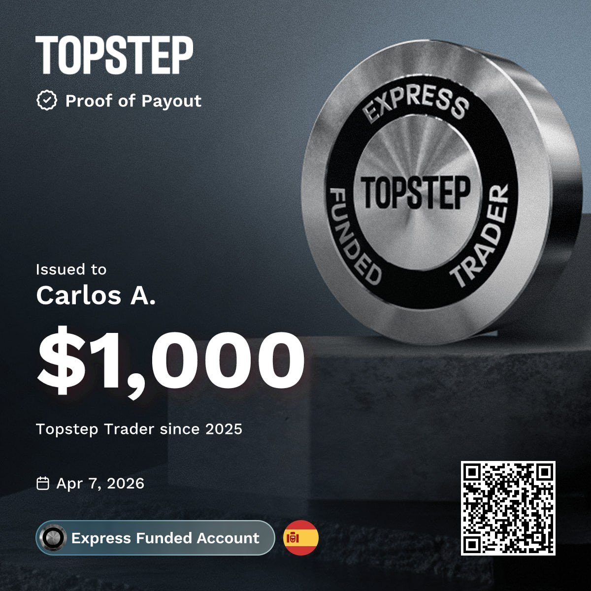 Topstep Payout — $1,000 — Abr 2026